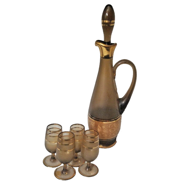 Wine SET Czech Bohemian Gold Gilded Crystal Decanter 4 Goblets Smokey Tall Liquo